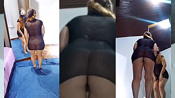 undressing black transparent dress and crystal panties