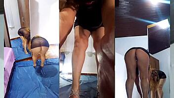 undressing black transparent dress and crystal panties