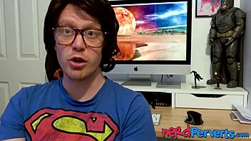 Two lucky nerds get blown by an insatiable UK slut