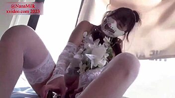 Stunning bride in wedding dress squirts hard with intense dildo play.
