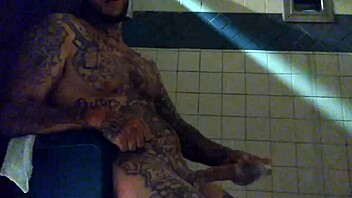 i'm stroking this big tattd up white dick in the shower, cumshot coming