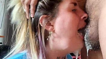 Blonde slut swallows friend's cumshot after deepthroat and spitting