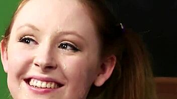 flirty centerfold gets cum shot on her face gulping all the semen in pov bukkake blowbang