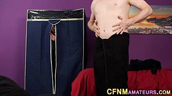 Why is this clothed amateur blonde babe getting facial and handjob in high definition cfnm scene?