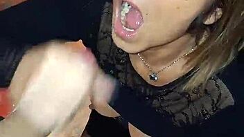 Wife pleasures husband with a public pussy pumping session