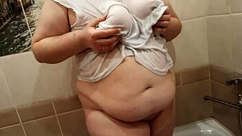Big Wet Titties Soaked in T-Shirt Under Shower with Steamy Blowjob Action!