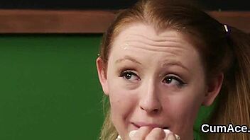 flirty centerfold gets cum shot on her face gulping all the semen in pov bukkake blowbang