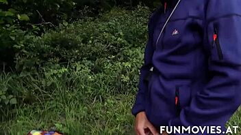 The tattooed brunette babe undresses outdoors, getting her shaved pussy cummed hard.