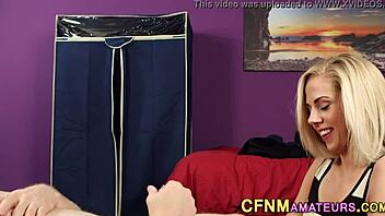 Why is this clothed amateur blonde babe getting facial and handjob in high definition cfnm scene?