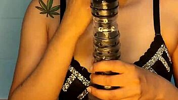 Blue, a colombian housewife, uses a big dildo instead of a cock and takes it all in.