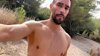 i, big cock stud, jerk off on public trail and cumshot