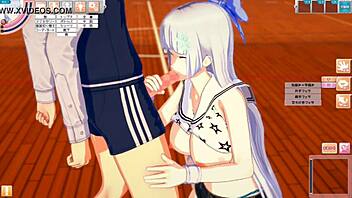 Hentai game with big boobed anime girl 3D video with blow job and handjob