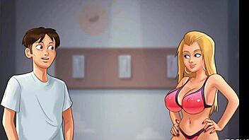 In summertime saga, a young woman dominates a rough gangbang on the beach, ending with creampies.