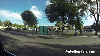 Porta gloryhole where redhead's mouth gets pumped full of cum! 😏