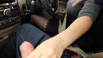 Extreme risky handjob while driving in nylon 😱