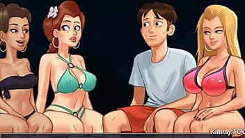 In summertime saga, a young woman dominates a rough gangbang on the beach, ending with creampies.