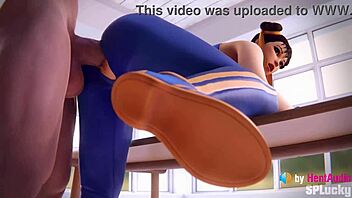 Chun-Li receives a big creampie in standing doggystyle pose