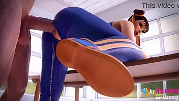 Chun-Li receives a big creampie in standing doggystyle pose