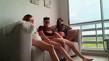 Hey, bored watching TV, so my two stepsisters jerk me off and we bang hard!