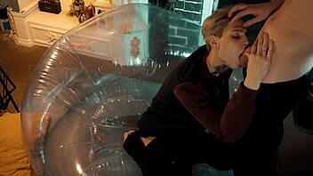 two sweet guys share an inflatable chair