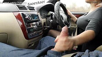 Extreme risky handjob while driving in nylon 😱