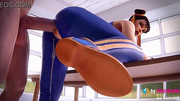 Chun-Li receives a big creampie in standing doggystyle pose