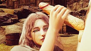 Elden Ring Melina deepthroats in 3D hentai.