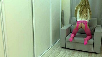 Passionate girl in PANTYHOSE gently plays with her TIGHT PUSSY - huge dildo