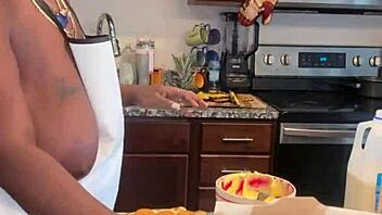 Making Banana Pudding with Ebony BBW and Natural Tits