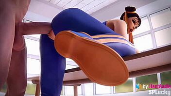 Chun-Li receives a big creampie in standing doggystyle pose