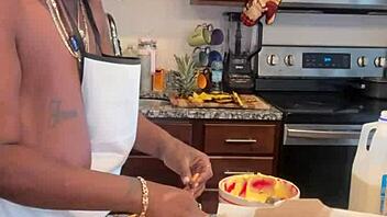 Making Banana Pudding with Ebony BBW and Natural Tits