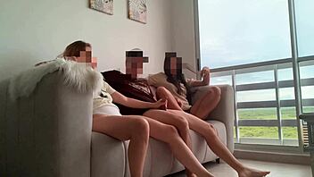 Hey, bored watching TV, so my two stepsisters jerk me off and we bang hard!