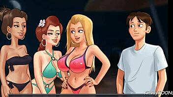 In summertime saga, a young woman dominates a rough gangbang on the beach, ending with creampies.