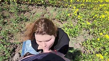 Beautiful POV Outdoor Blowjob from Chubby Cutie with Big Tits and Juicy Nipples Playing with Cum