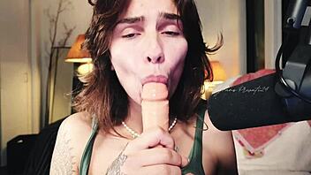 Flowerava gives a dildo blowjob