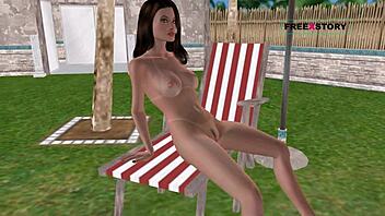 An animated 3d cartoon porn video - a cute girl masturbating using bottle near swimming pool