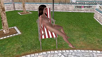 An animated 3d cartoon porn video - a cute girl masturbating using bottle near swimming pool
