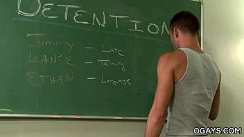 in the classroom, three gay guys engage in anal sex with monster cocks