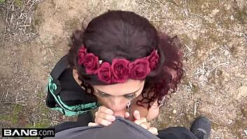 Petite brunette gets some relief from hiking with a hot group sex