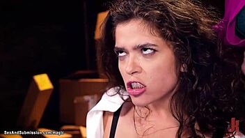 Milf and man team up to dominate brunette babe