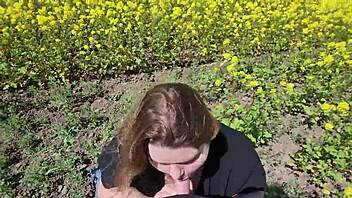 Beautiful POV Outdoor Blowjob from Chubby Cutie with Big Tits and Juicy Nipples Playing with Cum