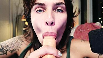 Flowerava gives a dildo blowjob