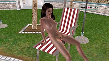 An animated 3d cartoon porn video - a cute girl masturbating using bottle near swimming pool