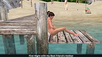Cute Girl Masturbates on Beach with Fingers and Banana in 3D Cartoon