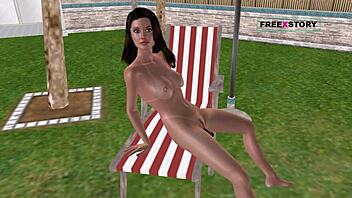 An animated 3d cartoon porn video - a cute girl masturbating using bottle near swimming pool