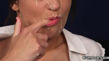 Flirty beauty swallows cum after facial in blowbang 😋