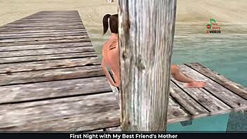 Cute Girl Masturbates on Beach with Fingers and Banana in 3D Cartoon