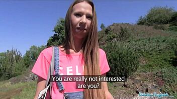 Public agent finds long-haired babe for outdoor fun.