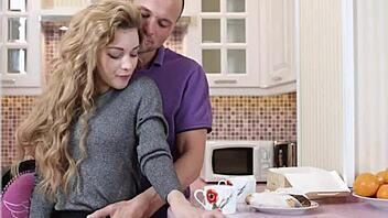 flat teen 18+ blonde takes monster cock cumshot on small tits.