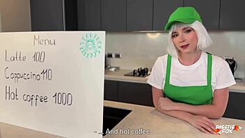 Blonde barista in shorts begged to pound her tight holes instead of coffee pov